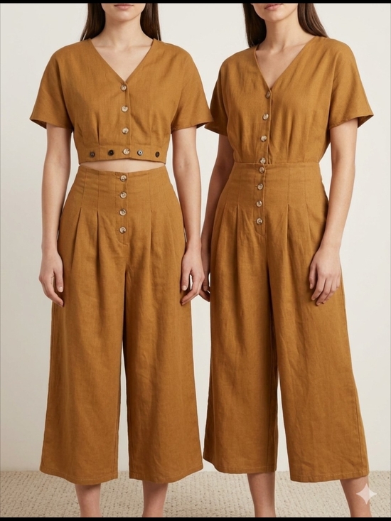 VETTA Pants - Button-Front Wide Leg Jumpsuit in Mustard